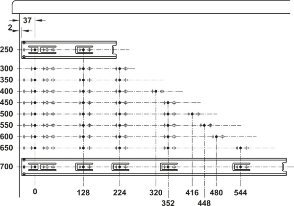 Шариковые направляющие для ящиков, полного выдвижения 45/300 мм несущая способность 35 кг СН